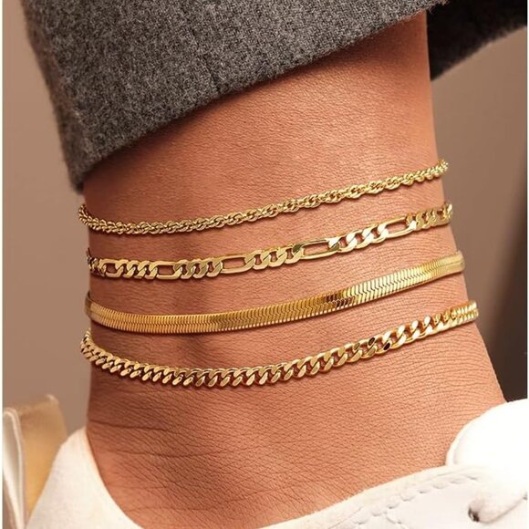 Gold Ankle Bracelets for Women 14K Gold Plated Waterproof Figaro Cuban Link Chai - Picture 1 of 7